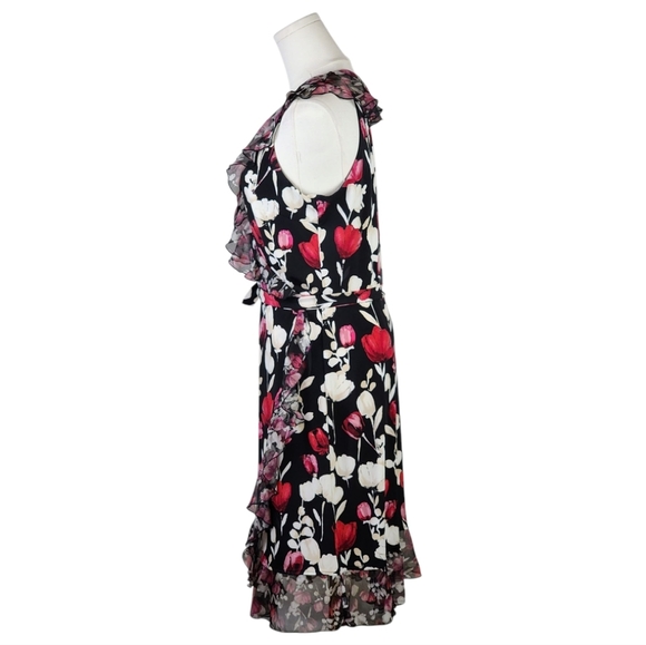 WHBM Faux Wrap Floral Ruffle Dress Size 8 Tulip Print Midi Belted Sleeveless - Picture 5 of 7